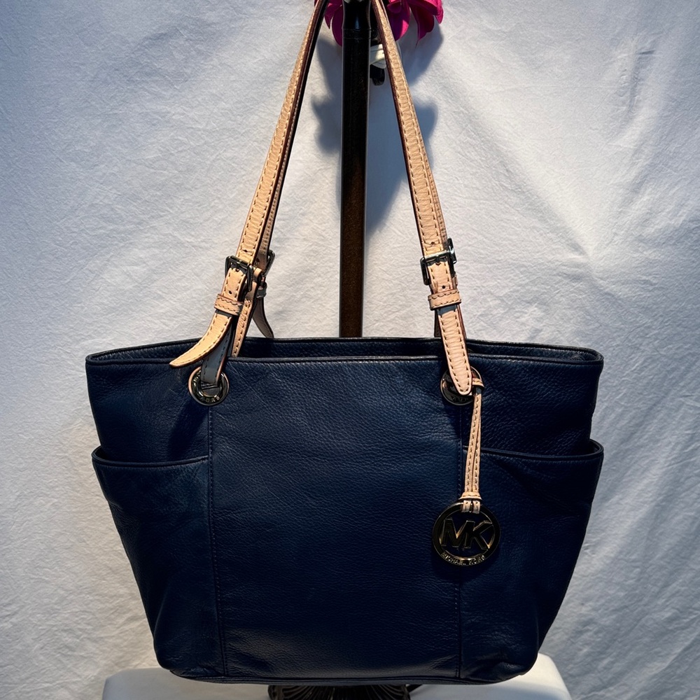 Michael Kors Dark Blue Tote with Tan Straps
